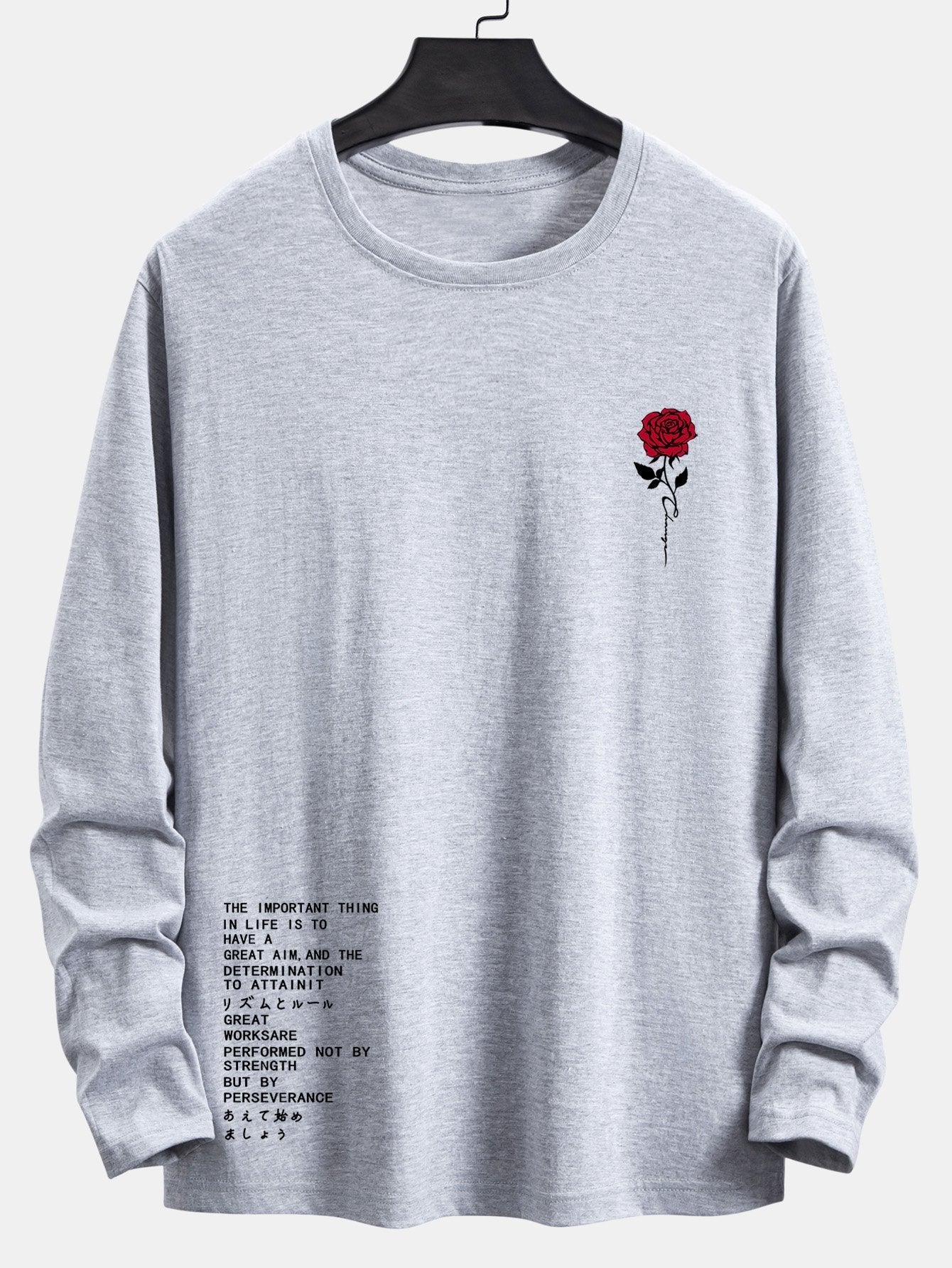 Long Sleeve Slogon Rose Print Cotton T-Shirt