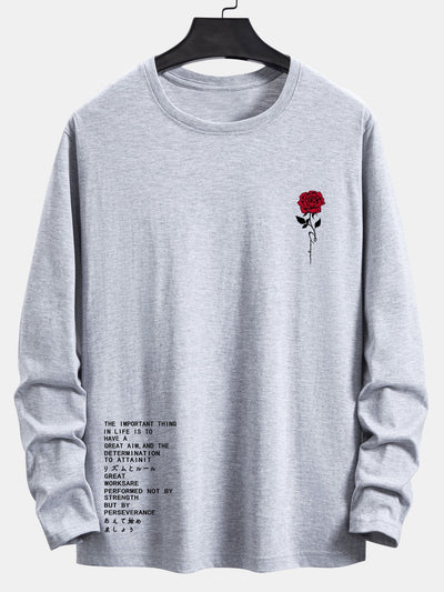 Long Sleeve Slogon Rose Print Cotton T-Shirt