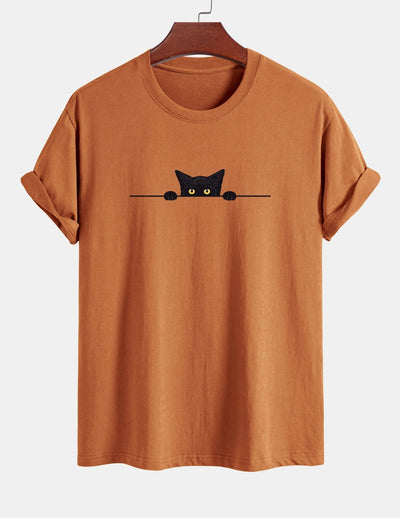 Regular Fit Black Cat Print Cotton T-Shirt