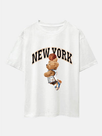 New York Basketball Bear Print Drop Shoulder Oversize T-Shirt