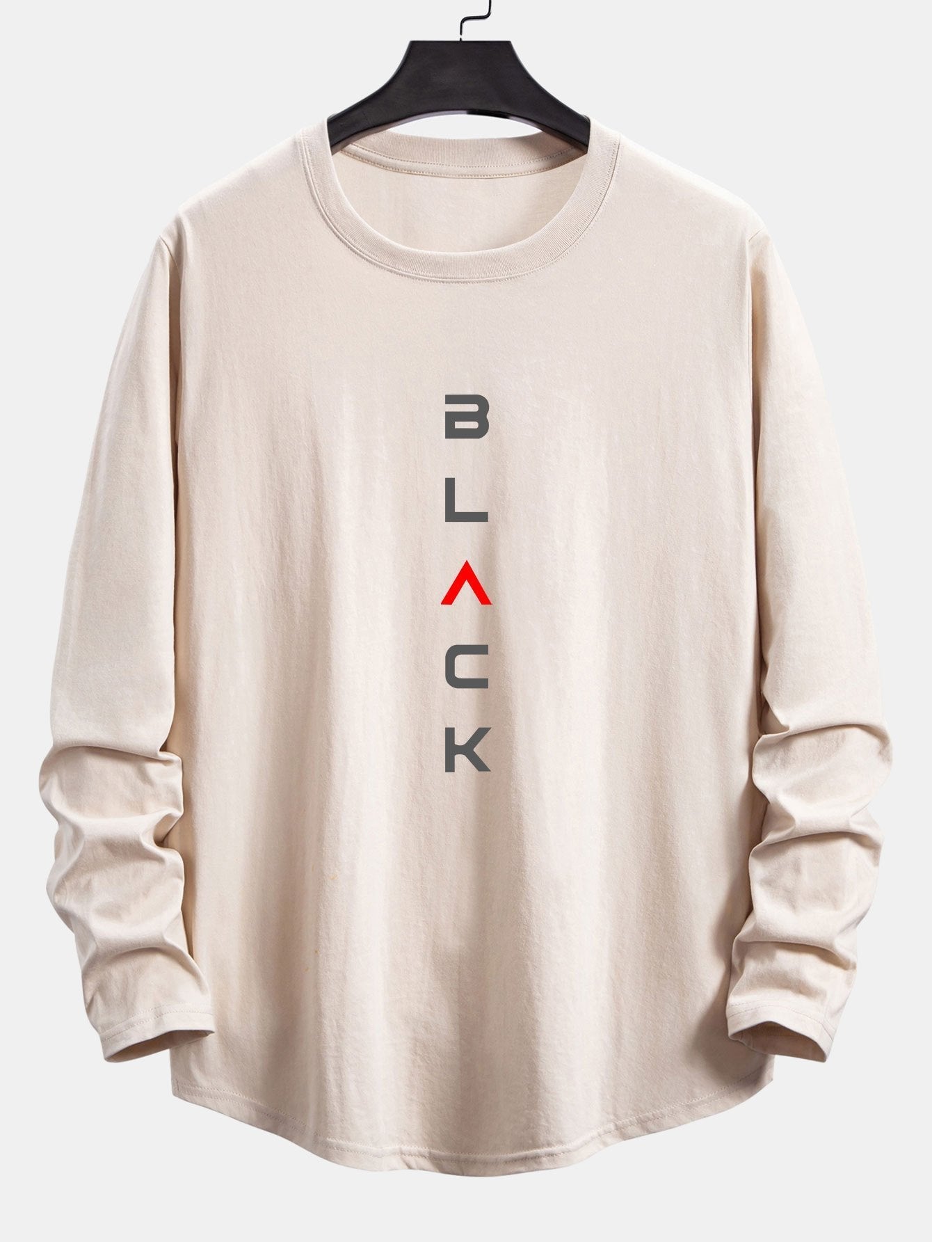 Long Sleeve Black Slogan Print Cotton Arc Hem T-Shirt