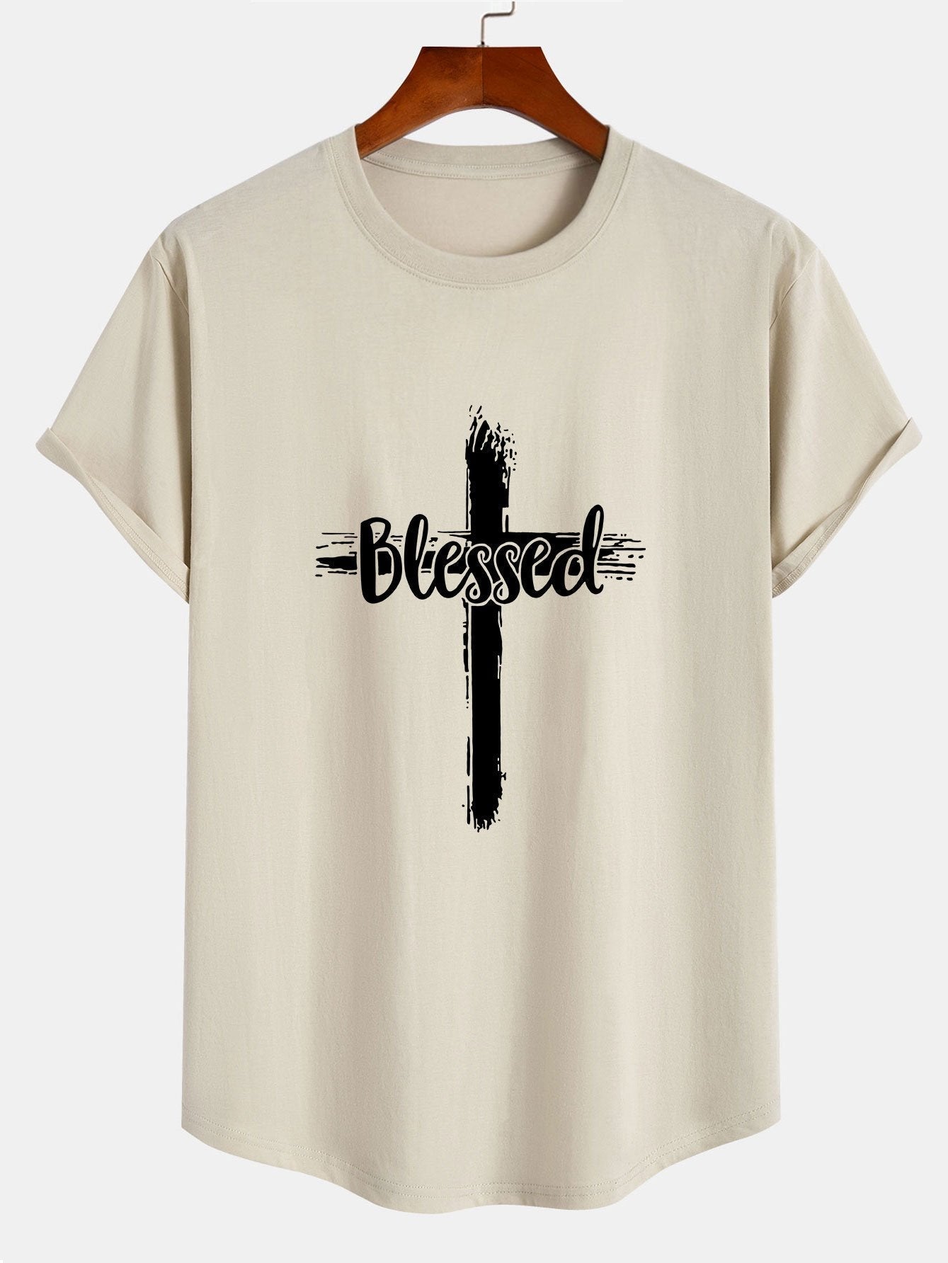 Blessed Cross Print Cotton Arc Hem T-Shirt