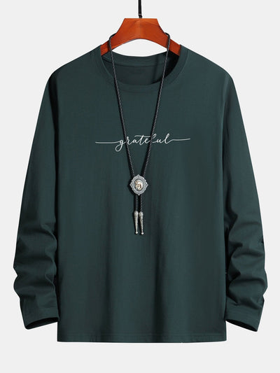 Long Sleeve Grateful Print Cotton T-Shirt