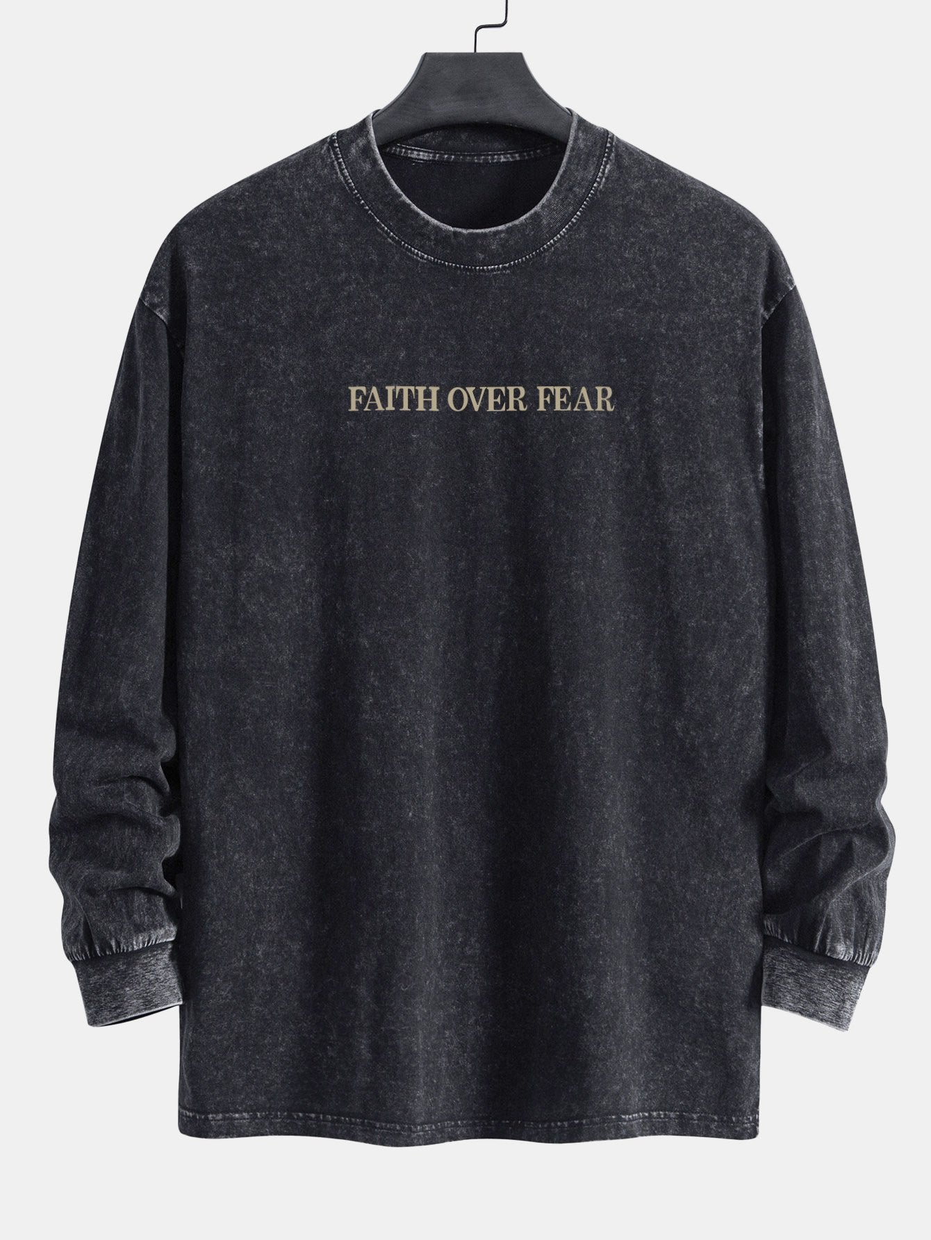 Faith Over Fear Print Relax Fit Long Sleeve Washed Distressed T-Shirt