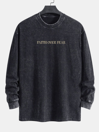 Faith Over Fear Print Relax Fit Long Sleeve Washed Distressed T-Shirt