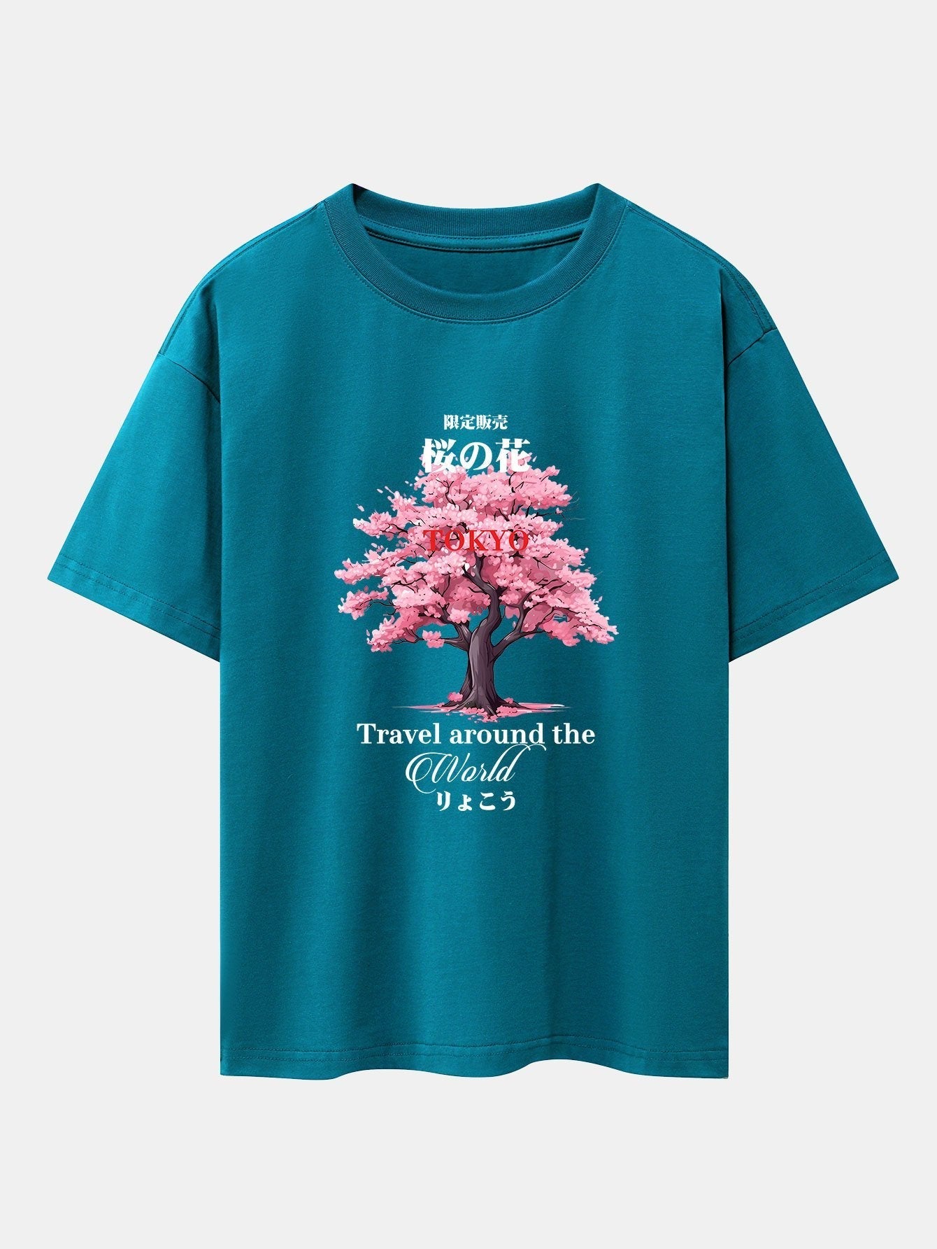 Tokyo Cherry Blossoms Print Drop Shoulder Oversize T-Shirt