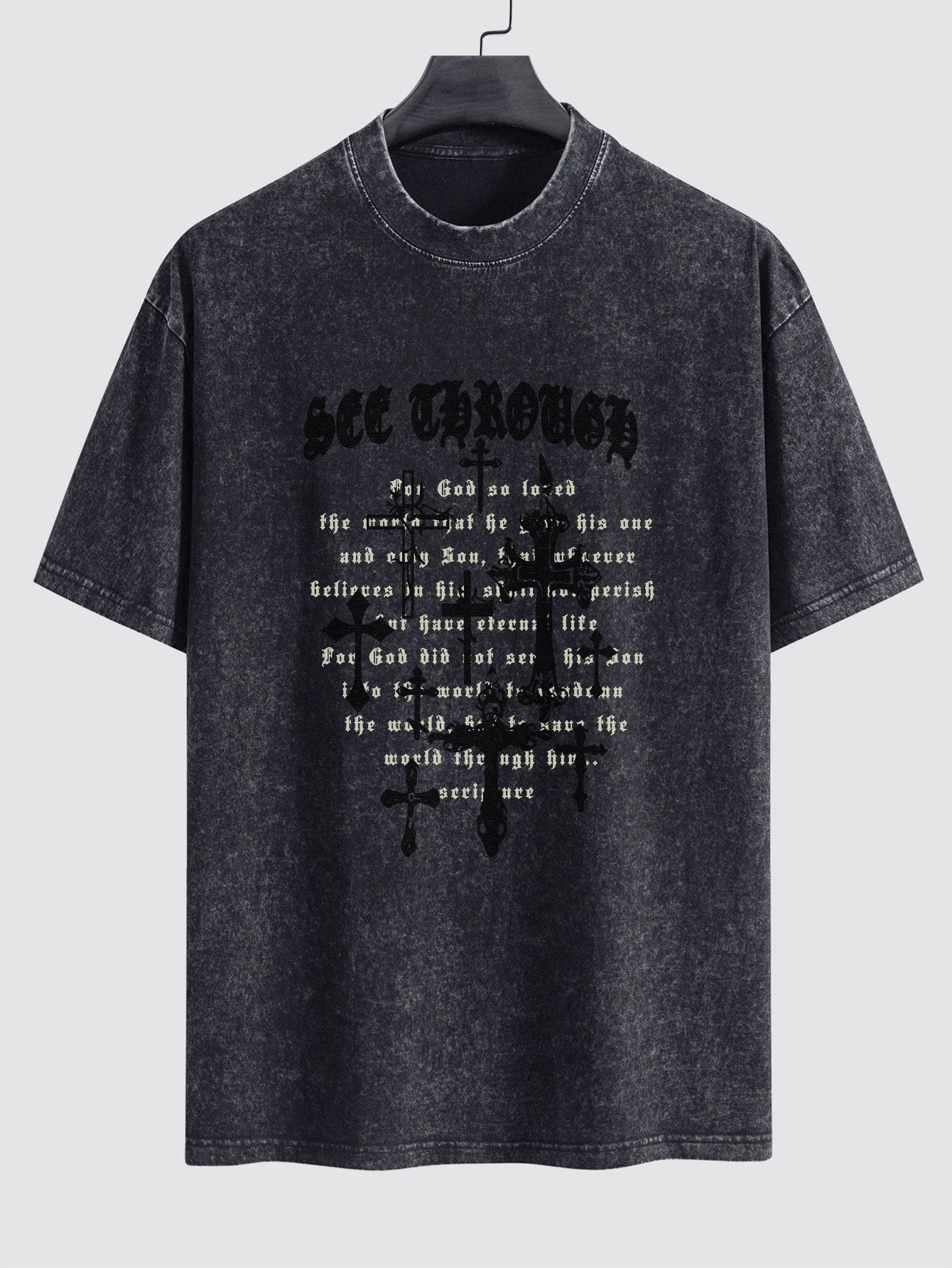 Cross Slogan Print Washed Distressed Drop Shoulder T-Shirt