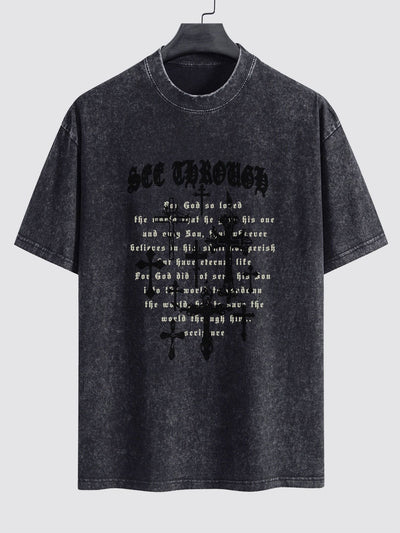Cross Slogan Print Washed Distressed Drop Shoulder T-Shirt