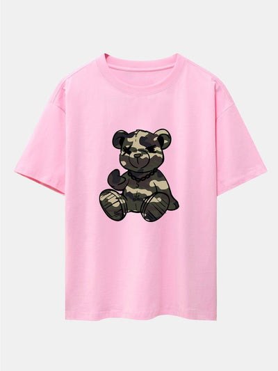 Camouflage Bear Print Drop Shoulder Oversize T-Shirt