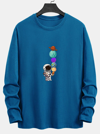 Long Sleeve Planet Astronaut Print Cotton T-Shirt