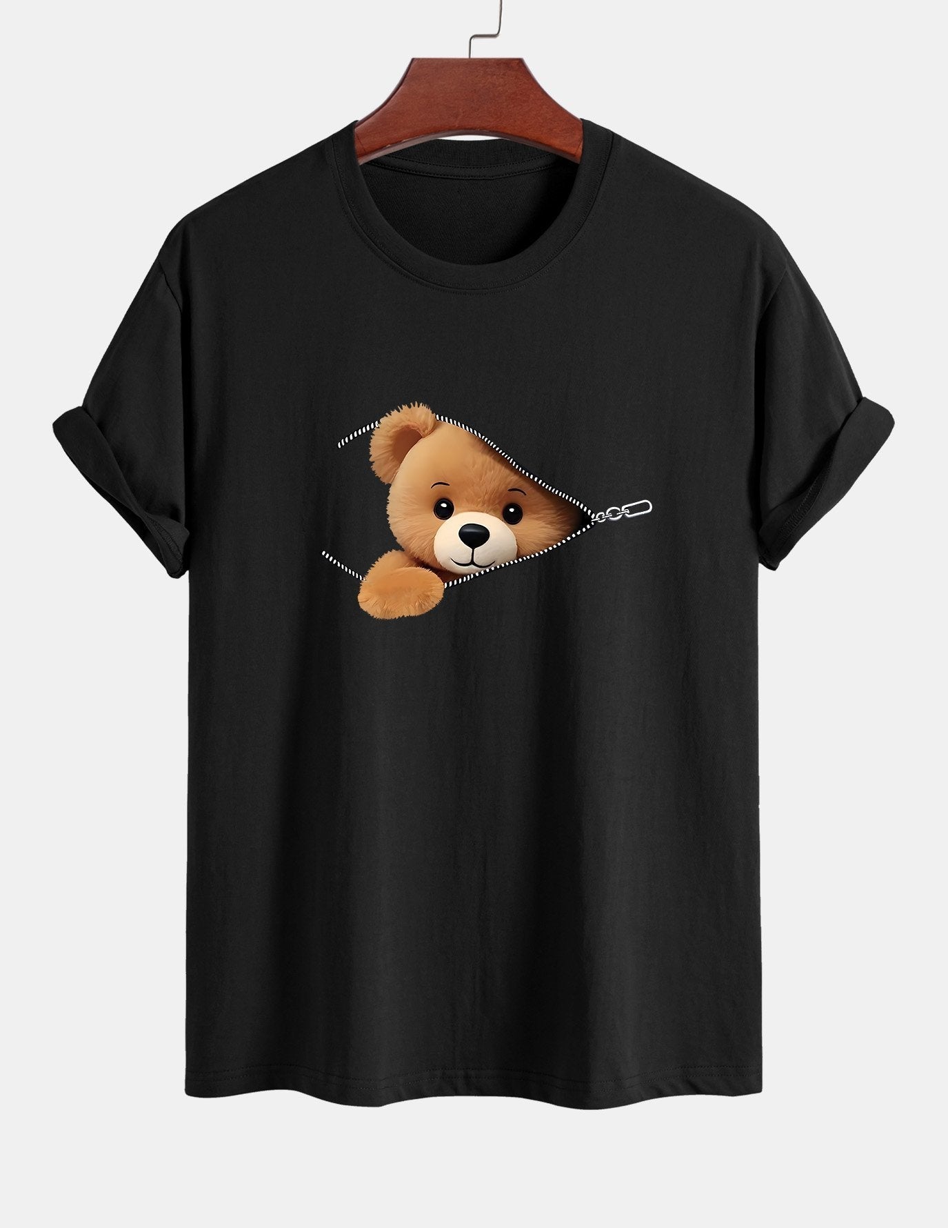 Regular Fit Zipper Bear Print Cotton T-Shirt