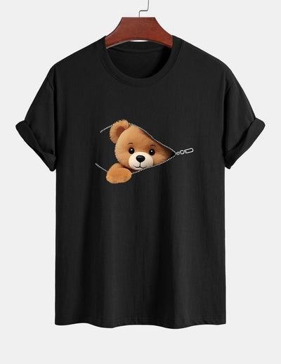 Regular Fit Zipper Bear Print Cotton T-Shirt