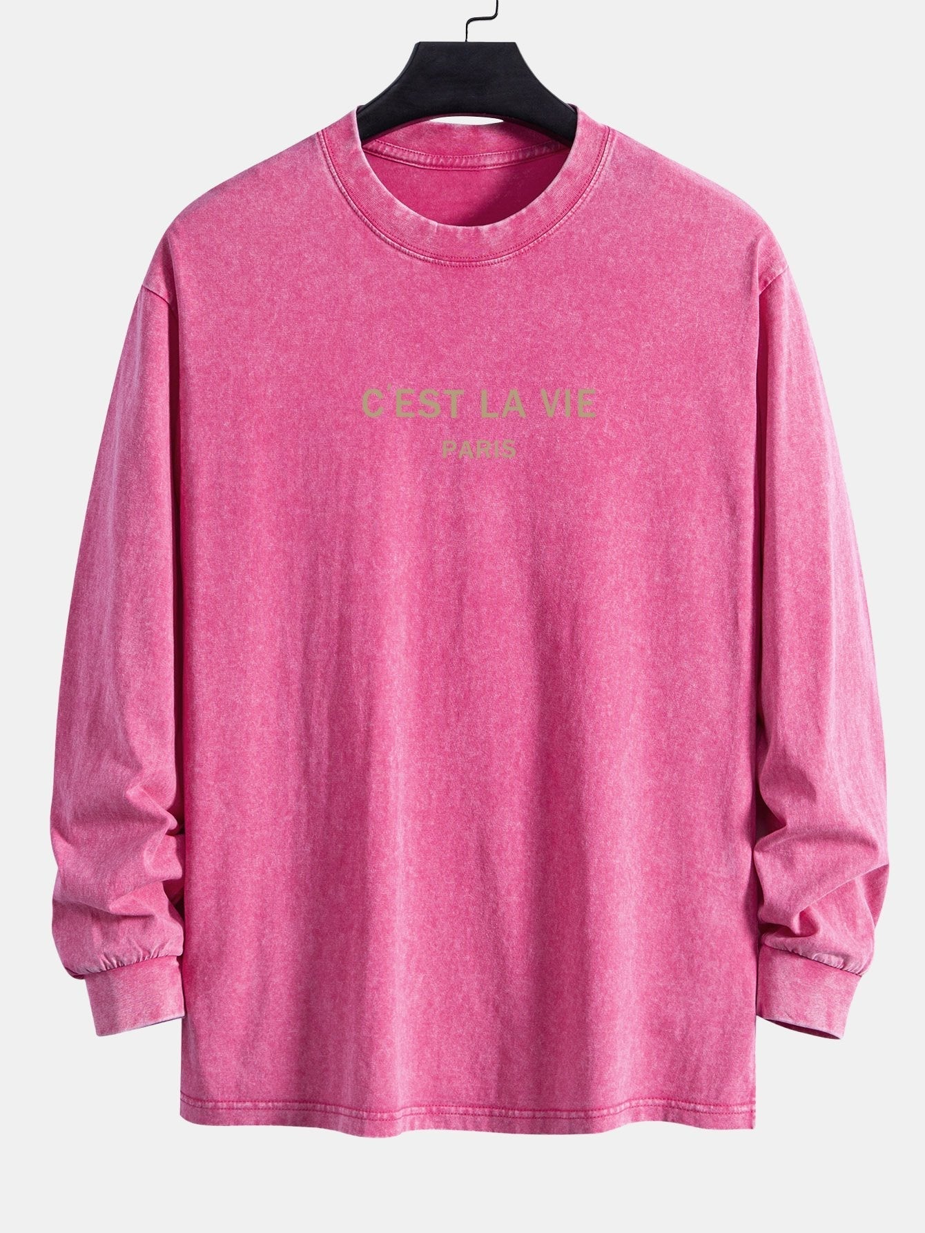 Paris Slogan Print Relax Fit Long Sleeve Washed Distressed T-Shirt
