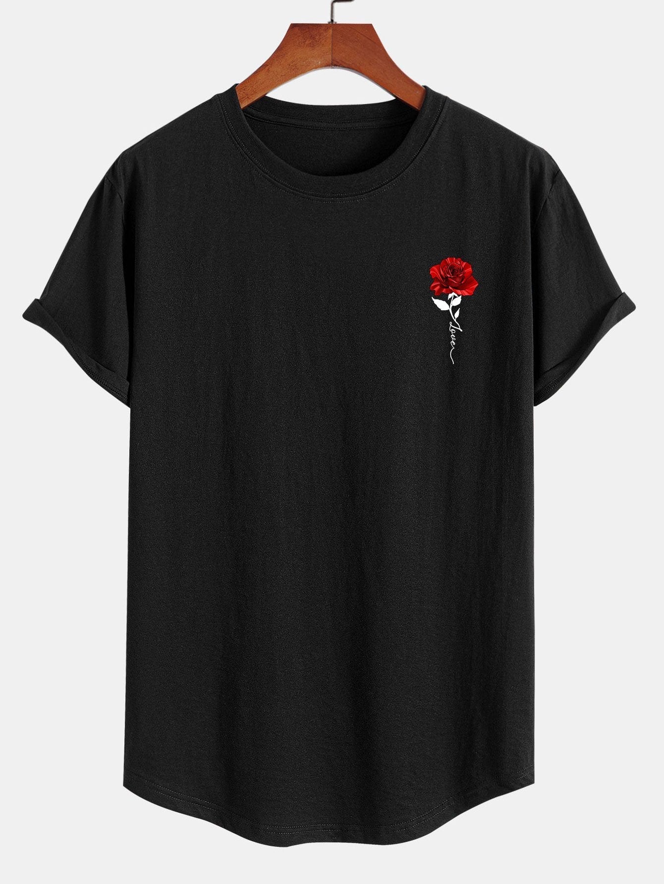 Rose Print Cotton Arc Hem T-Shirt