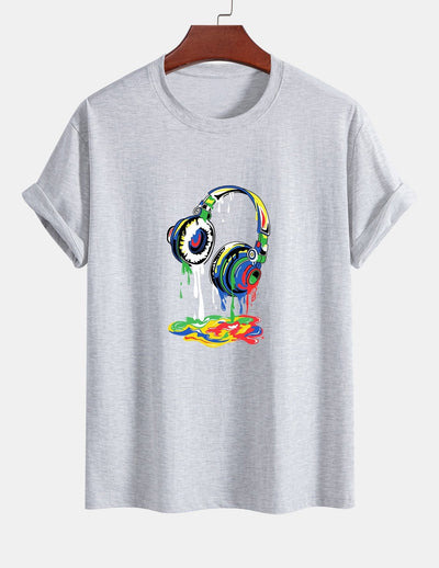 Regular Fit Dissolving Headphones Print Cotton T-Shirt