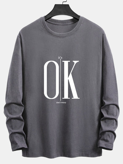 Long Sleeve OK Slogan Print Cotton T-Shirt