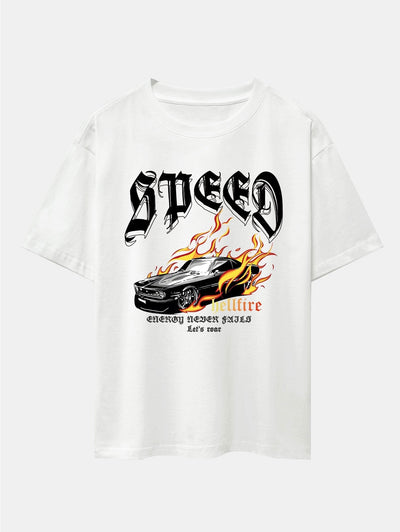 Speed Car Flame Print Drop Shoulder Oversize T-Shirt