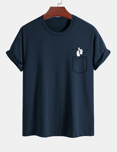 Regular Fit Pocket Bat Ghost Print Cotton T-Shirt
