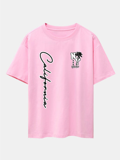 New York California Palm Tree Print Drop Shoulder Oversize T-Shirt