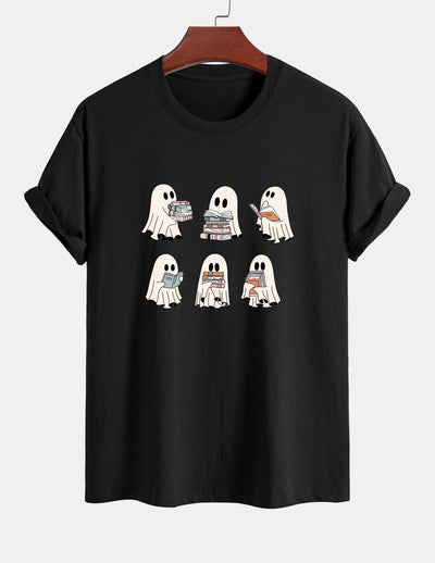Regular Fit Ghost Reading Book Print Cotton T-Shirt