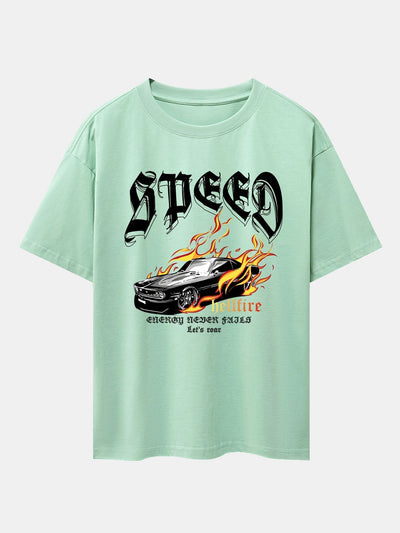 Speed Car Flame Print Drop Shoulder Oversize T-Shirt