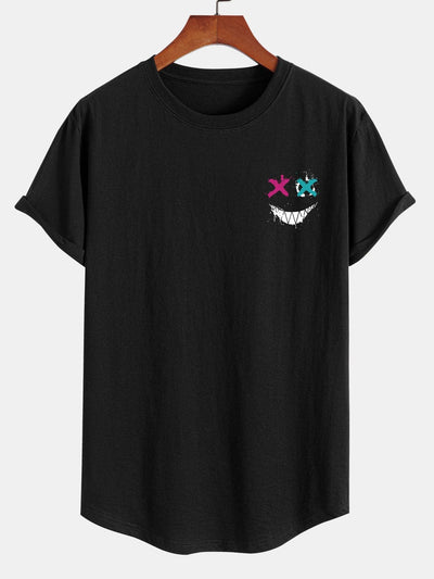 Evil Face Print Cotton Arc Hem T-Shirt