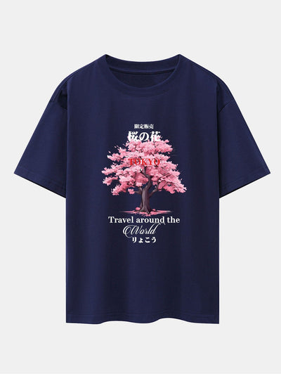 Tokyo Cherry Blossoms Print Drop Shoulder Oversize T-Shirt