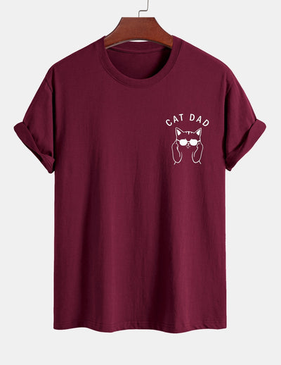 Regular Fit Cat Dad Wearing Glasses Print Cotton T-Shirt