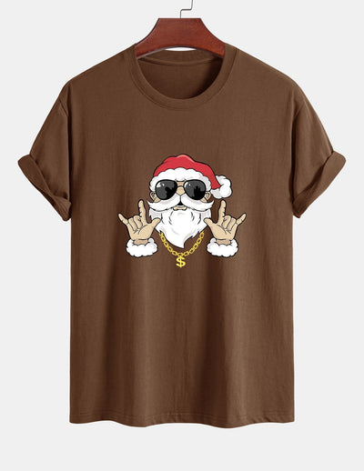 Regular Fit Hip Hop Santa Print Cotton T-Shirt