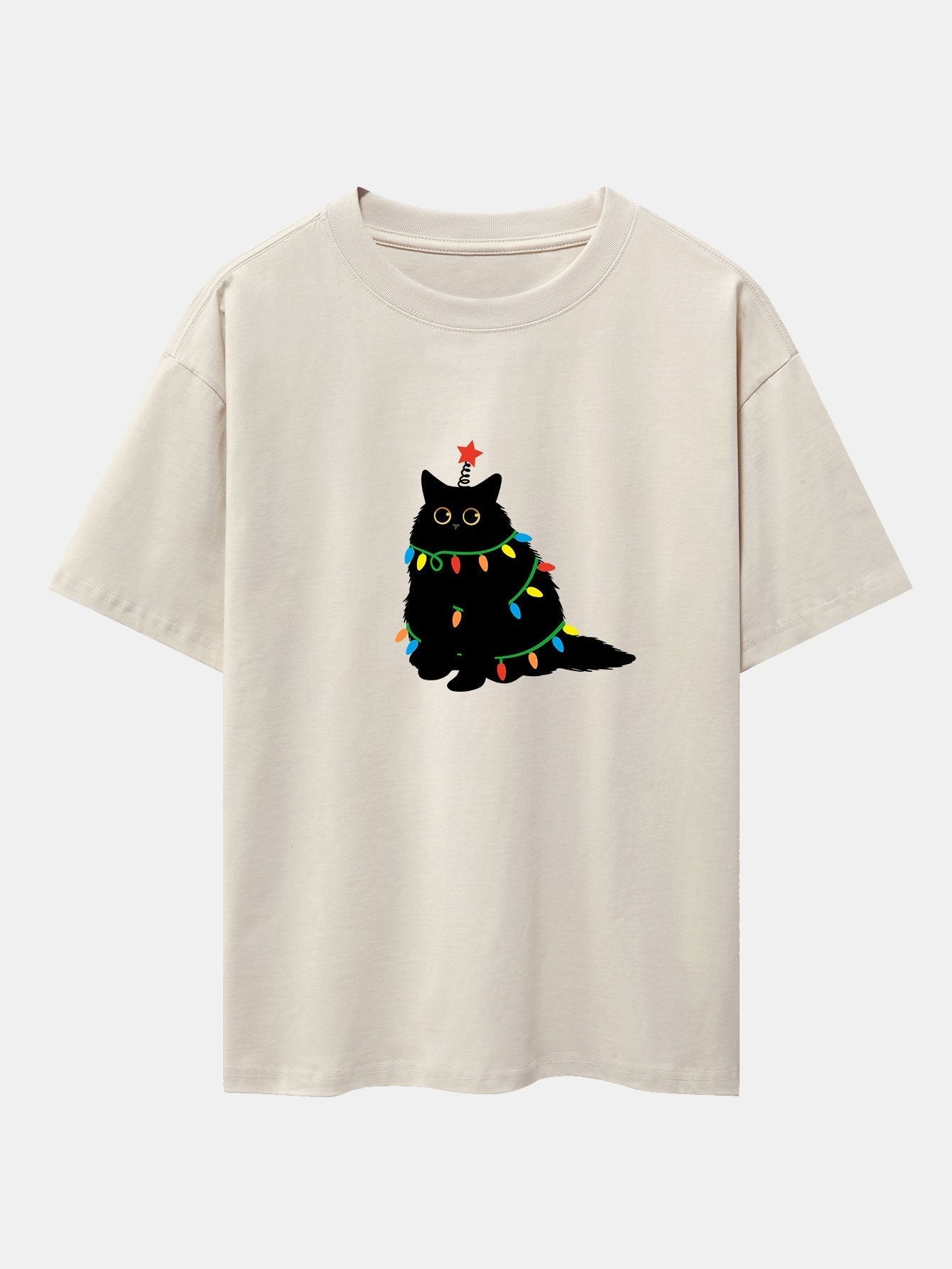 Christmas Lights Black Cat Print Drop Shoulder Oversize T-Shirt