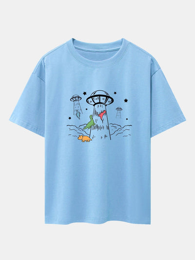 UFO Take Away Dinosaurs Print Drop Shoulder Oversize T-Shirt