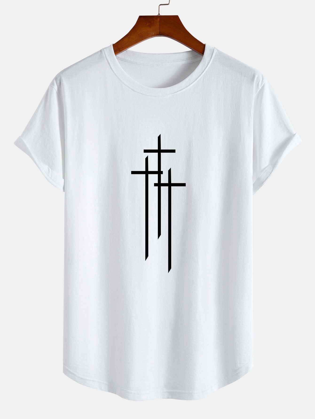 Cross Pattern Print Cotton Arc Hem T-Shirt