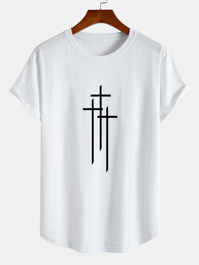 Cross Pattern Print Cotton Arc Hem T-Shirt