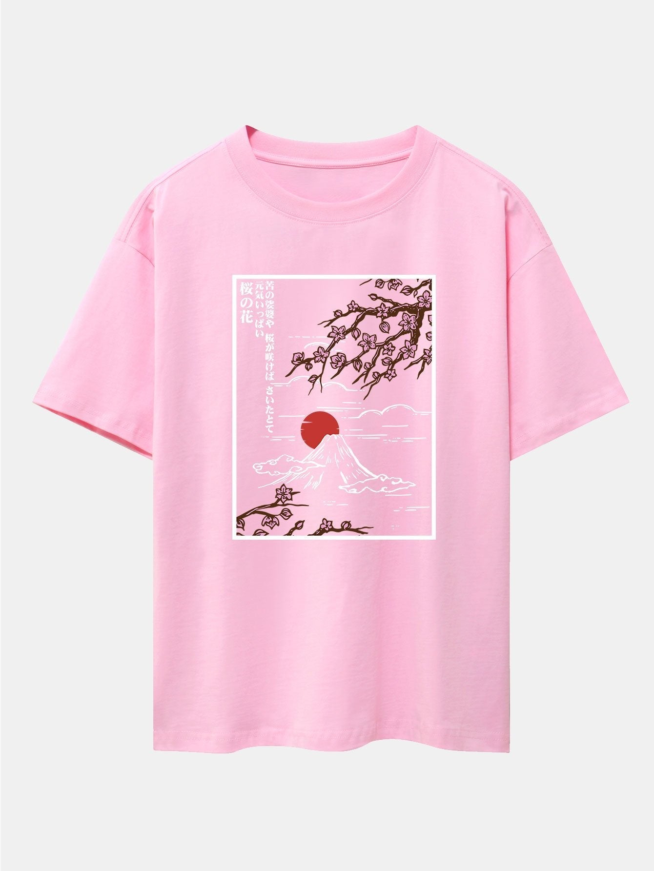 Cherry Blossoms Mountain Print Drop Shoulder Oversize T-Shirt