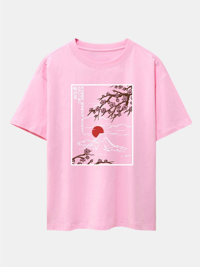 Cherry Blossoms Mountain Print Drop Shoulder Oversize T-Shirt