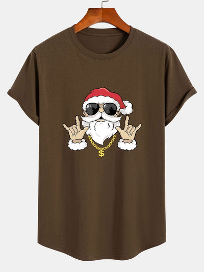 Hip Hop Santa Print Cotton Arc Hem T-Shirt