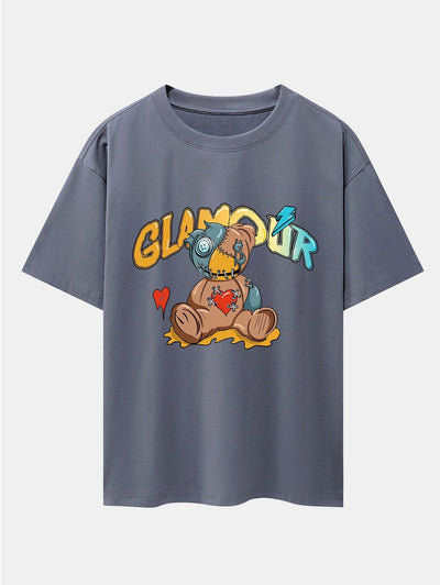 Patched Bear Print Drop Shoulder Oversize T-Shirt
