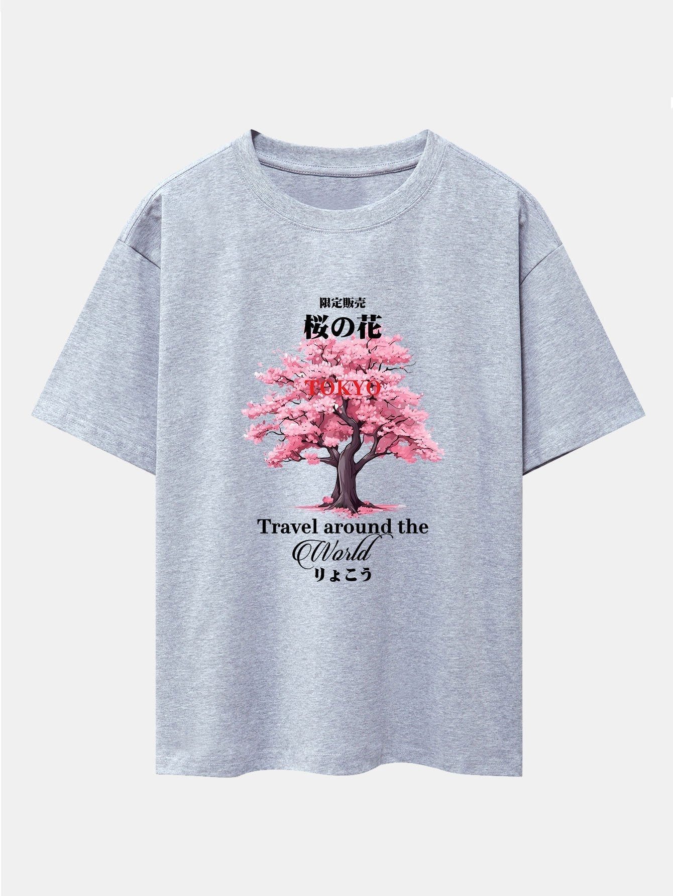 Tokyo Cherry Blossoms Print Drop Shoulder Oversize T-Shirt