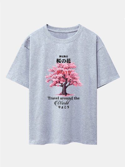 Tokyo Cherry Blossoms Print Drop Shoulder Oversize T-Shirt
