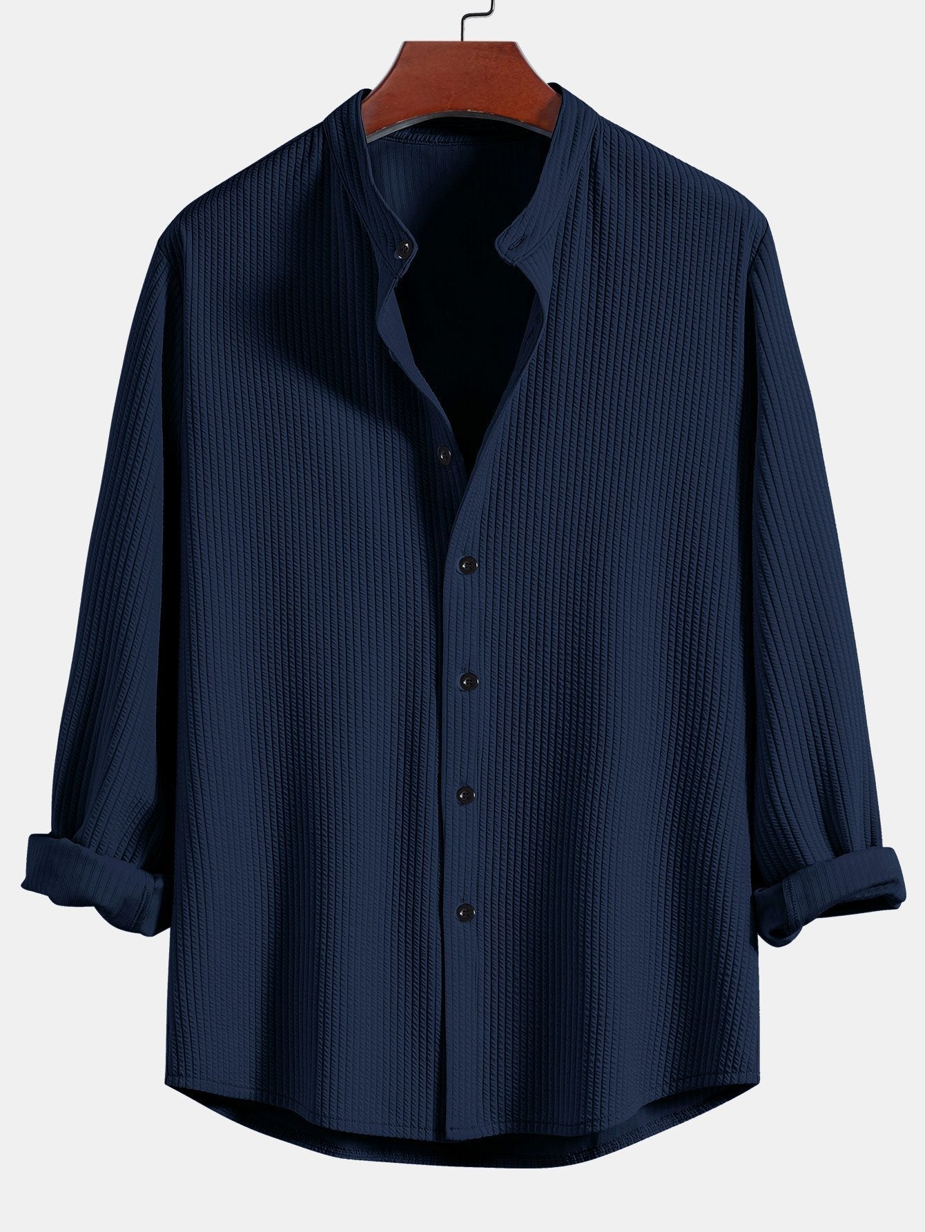 Long Sleeve Muscle Fit Ribbed Stand Collar Shirt