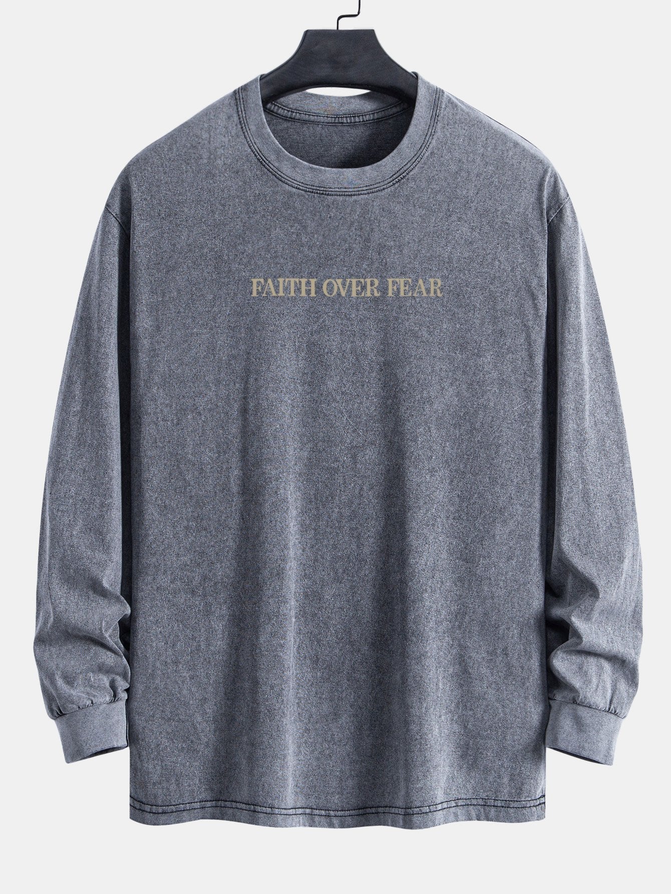 Faith Over Fear Print Relax Fit Long Sleeve Washed Distressed T-Shirt