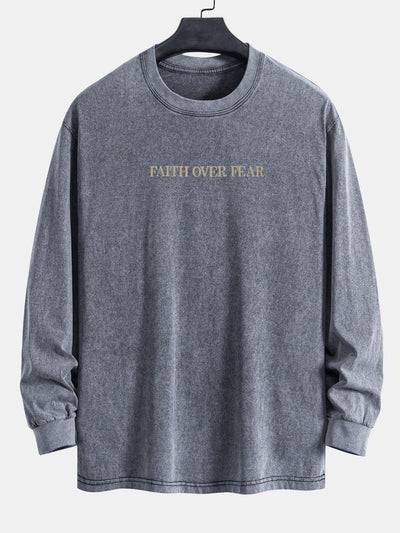 Faith Over Fear Print Relax Fit Long Sleeve Washed Distressed T-Shirt