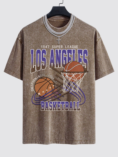 Los Angeles Basketball Print Washed Drop Shoulder Oversize T-Shirt