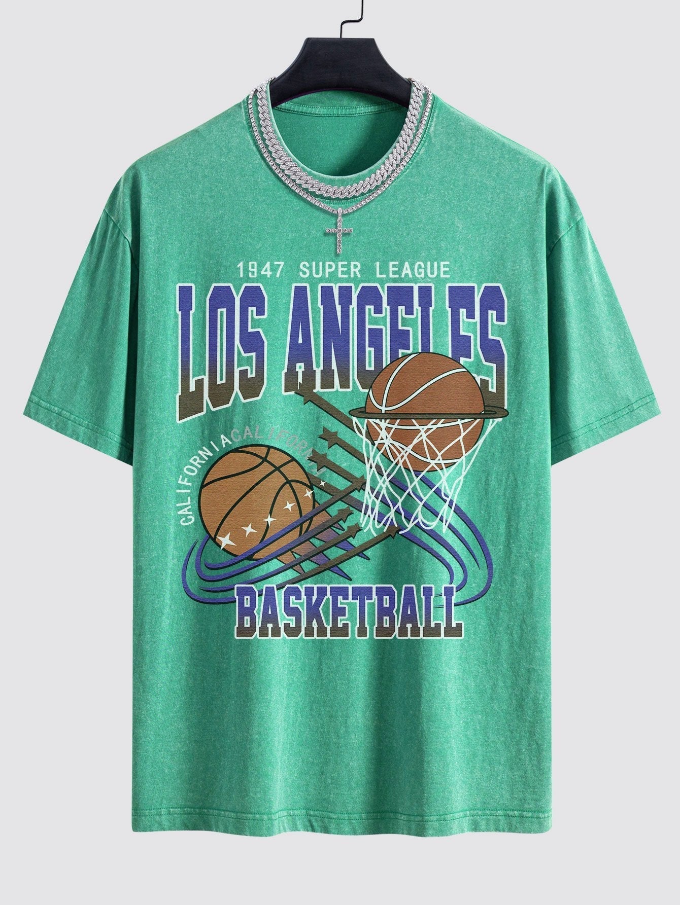 Los Angeles Basketball Print Washed Drop Shoulder Oversize T-Shirt