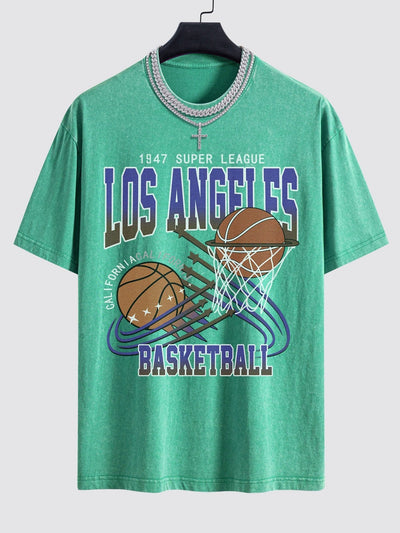 Los Angeles Basketball Print Washed Drop Shoulder Oversize T-Shirt