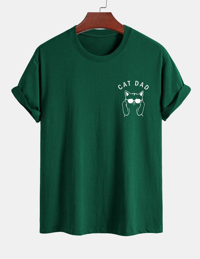 Regular Fit Cat Dad Wearing Glasses Print Cotton T-Shirt