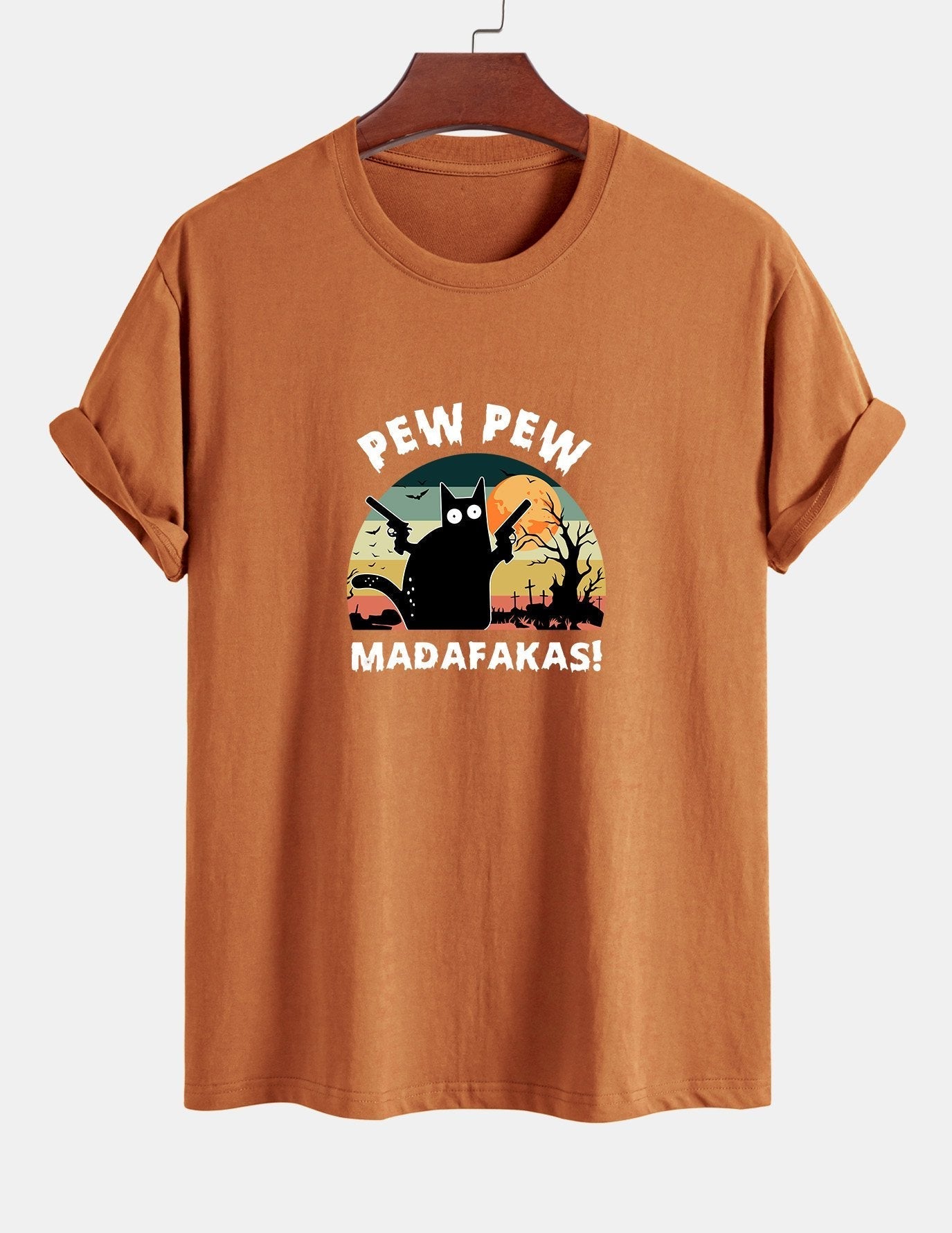 Regular Fit PEW PEW MADAFAKAS Black Cat Print Cotton T-Shirt