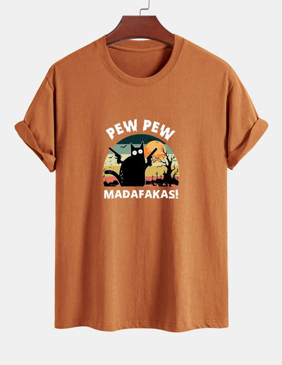 Regular Fit PEW PEW MADAFAKAS Black Cat Print Cotton T-Shirt