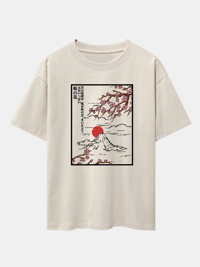 Cherry Blossoms Mountain Print Drop Shoulder Oversize T-Shirt