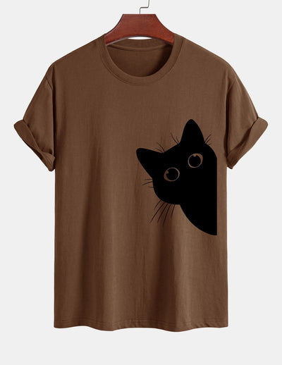 Regular Fit Black Cat Looking Out Print Cotton T-Shirt